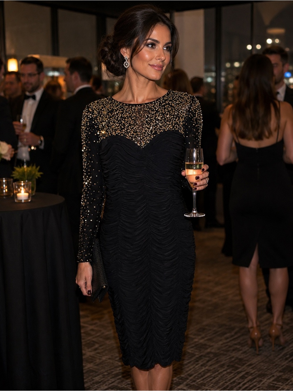 Janique by kourosh Babaian Black Sequin shirred size 6 dress perfect for wedding
